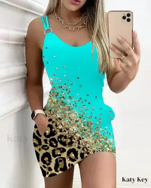 KatyKey - Chic Casual Dress with Stylish Contrast Leopard Print and Convenient Pocket Design