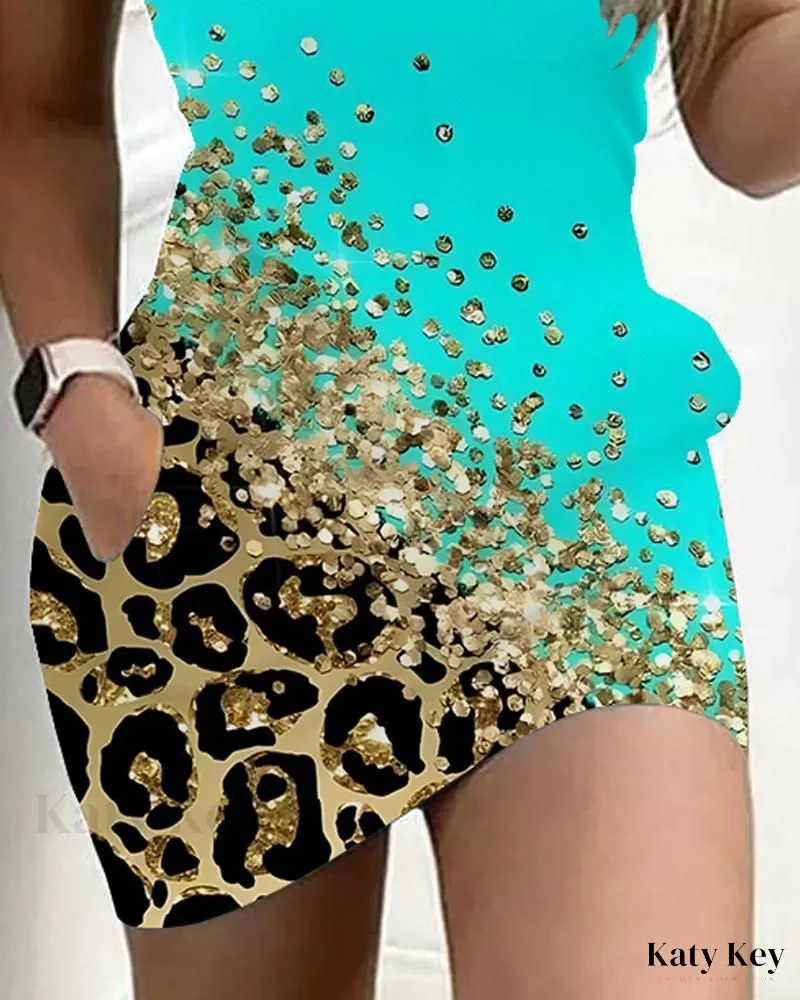 KatyKey - Chic Casual Dress with Stylish Contrast Leopard Print and Convenient Pocket Design