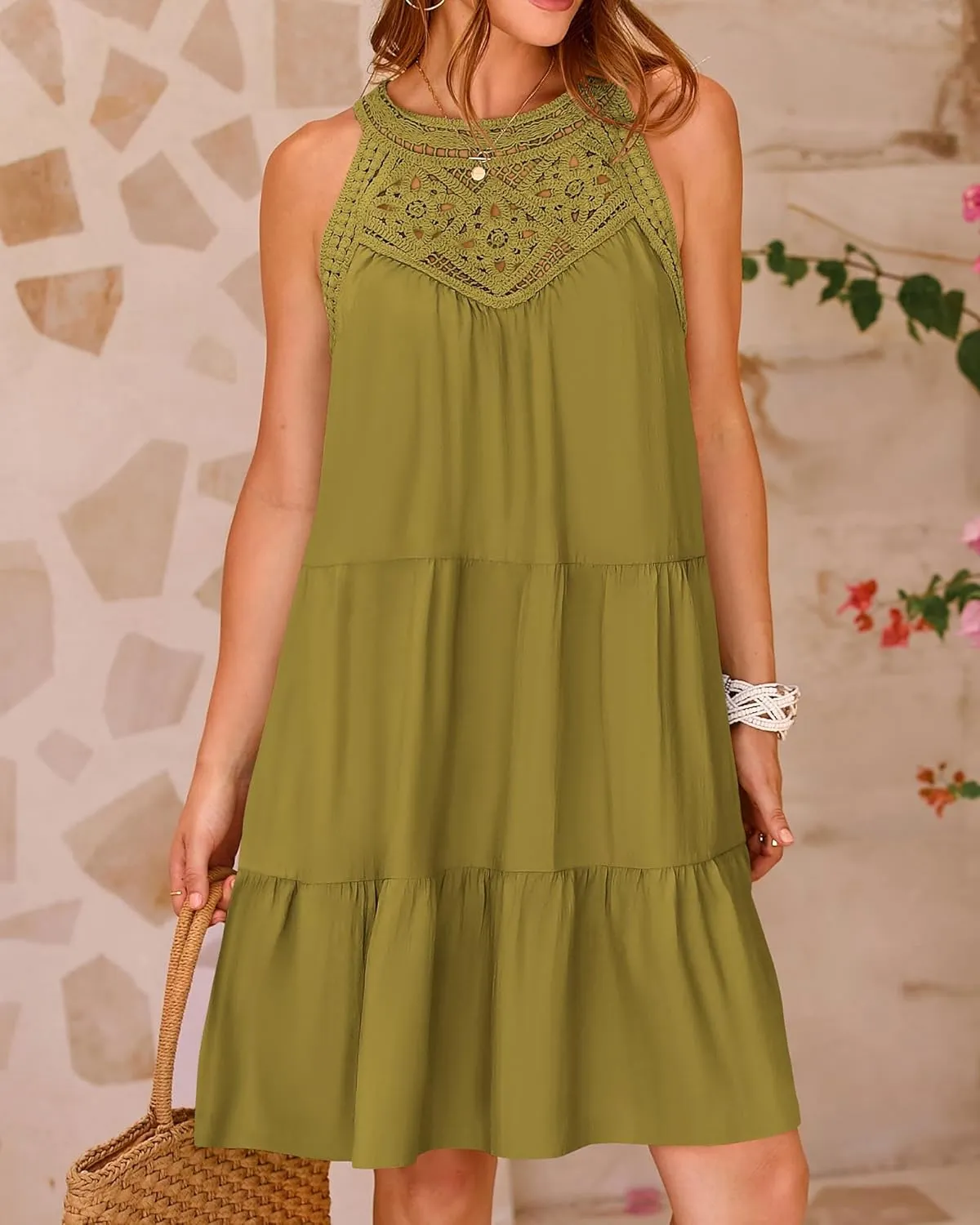 KIRUNDO Womens Summer Casual Sleeveless Halter Sundress 2025 Hollow Out Tiered Swing A Line Mini Beach Vacation Dresses