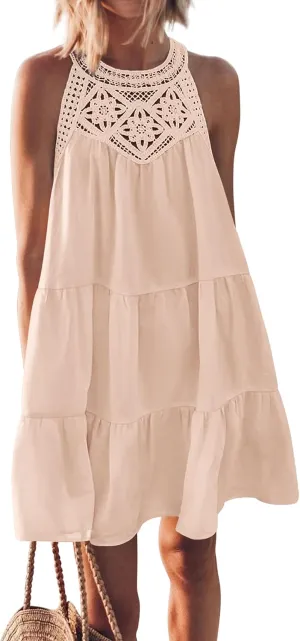 KIRUNDO Womens Summer Casual Sleeveless Halter Sundress 2025 Hollow Out Tiered Swing A Line Mini Beach Vacation Dresses