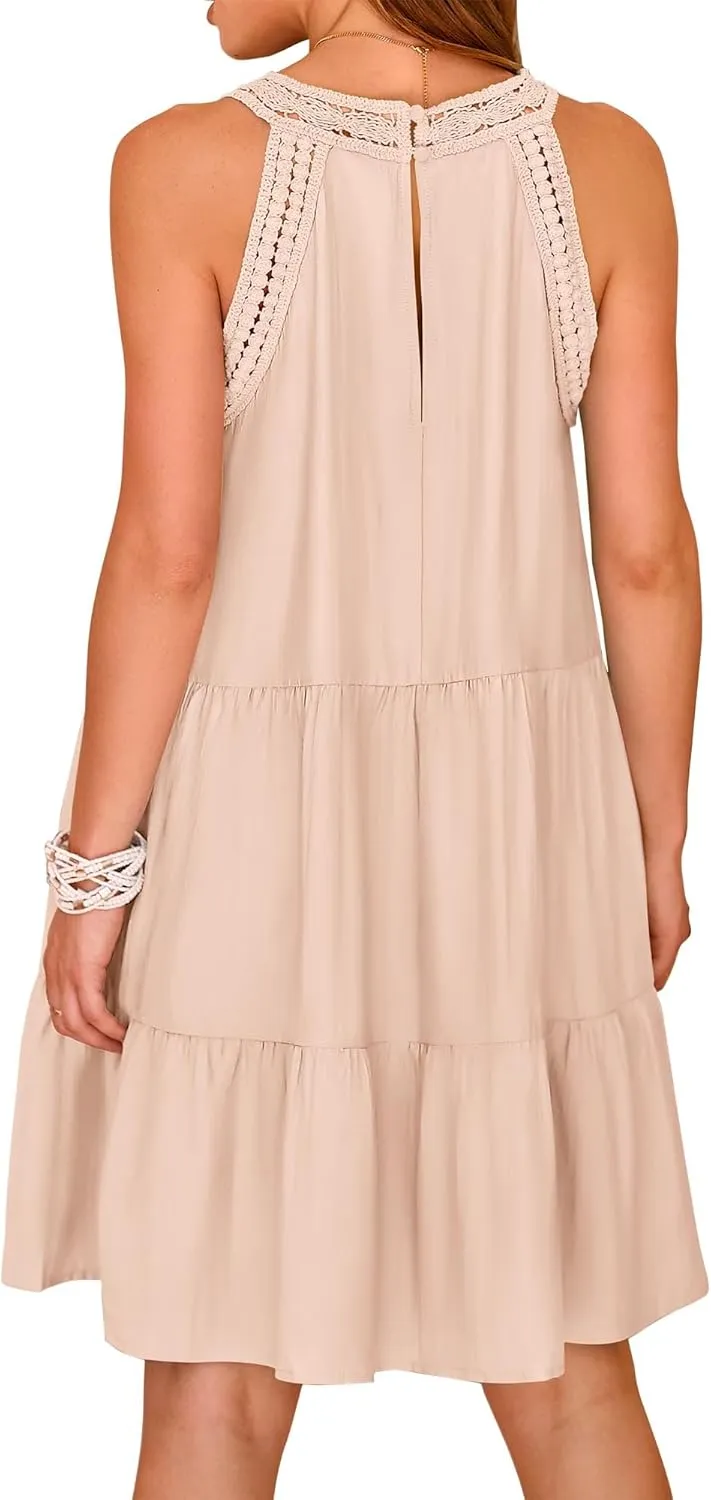 KIRUNDO Womens Summer Casual Sleeveless Halter Sundress 2025 Hollow Out Tiered Swing A Line Mini Beach Vacation Dresses