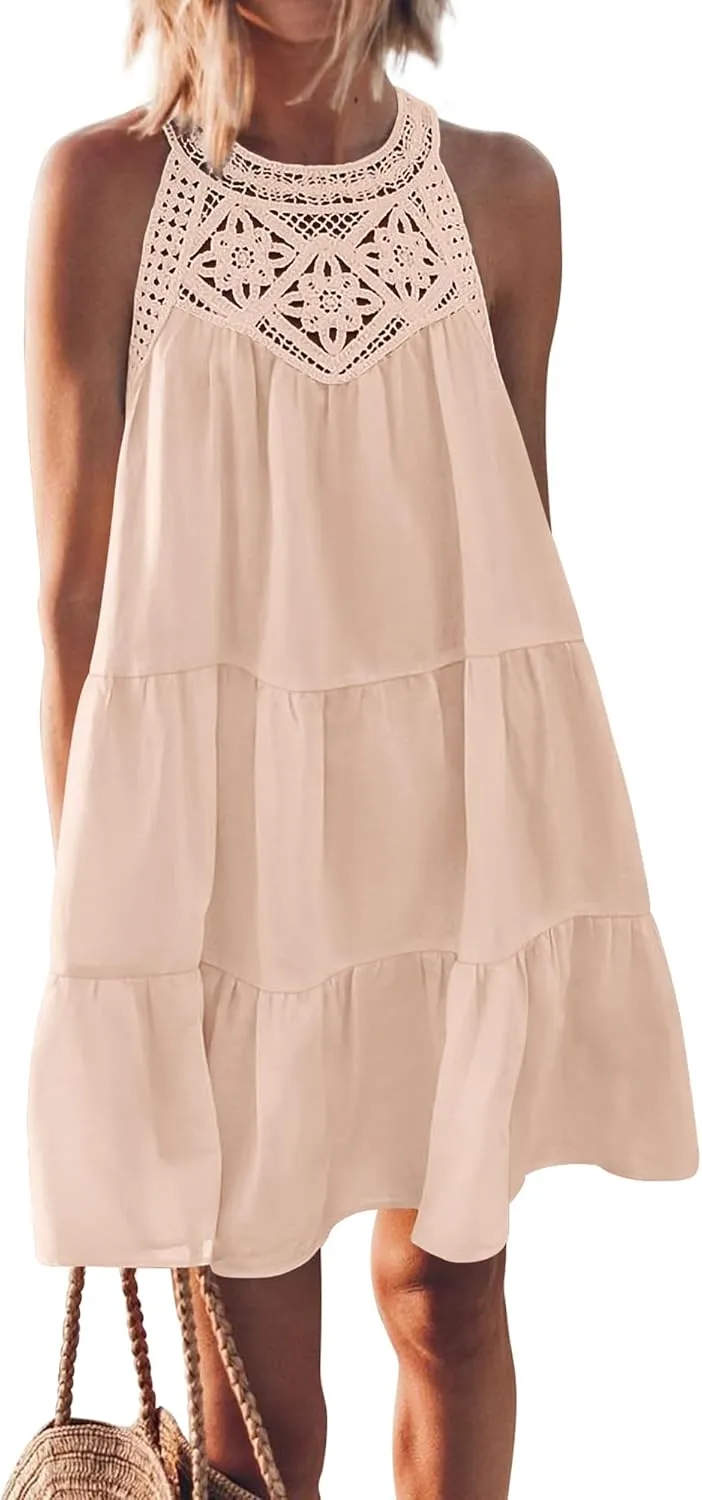 KIRUNDO Womens Summer Casual Sleeveless Halter Sundress 2025 Hollow Out Tiered Swing A Line Mini Beach Vacation Dresses