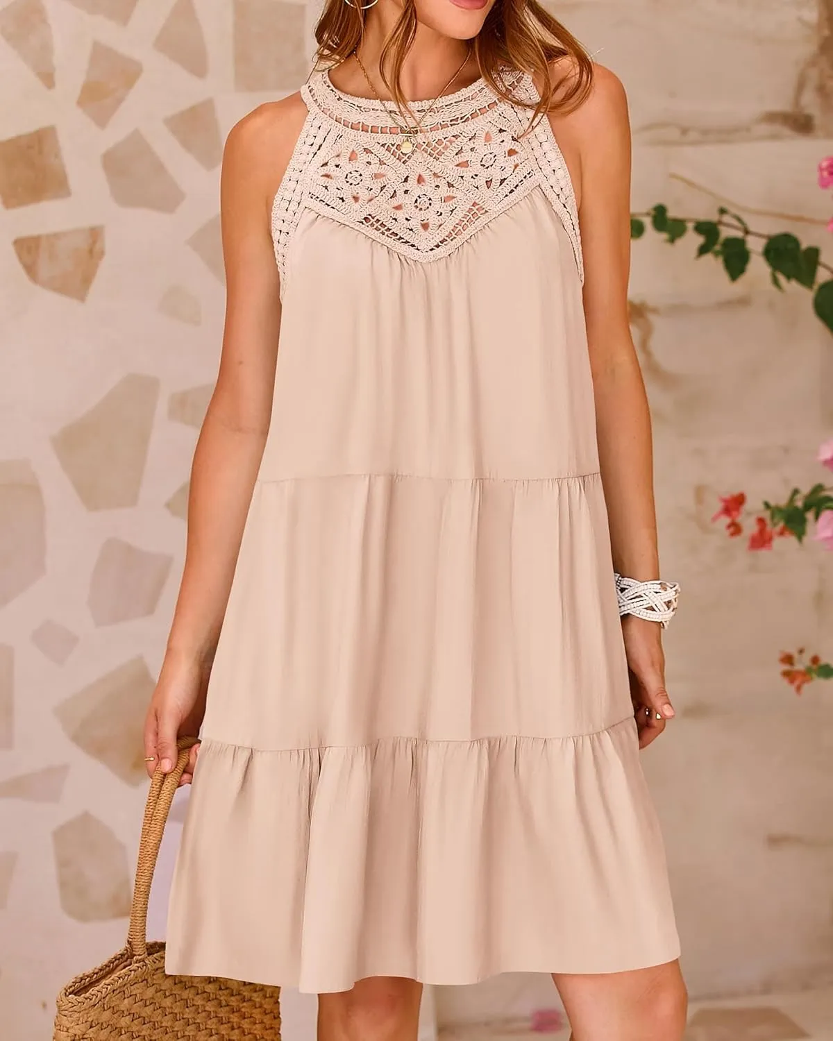 KIRUNDO Womens Summer Casual Sleeveless Halter Sundress 2025 Hollow Out Tiered Swing A Line Mini Beach Vacation Dresses