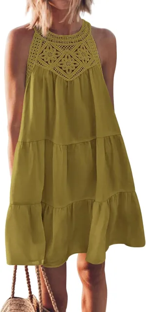 KIRUNDO Womens Summer Casual Sleeveless Halter Sundress 2025 Hollow Out Tiered Swing A Line Mini Beach Vacation Dresses