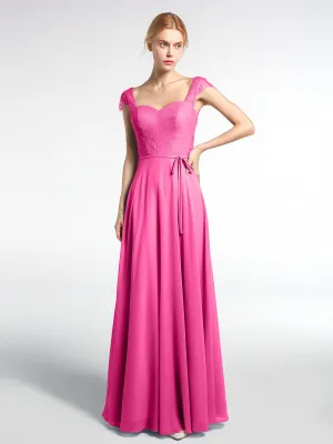 Lace Bodice Chiffon Skirt Dress with Cap Sleeves-Azalea