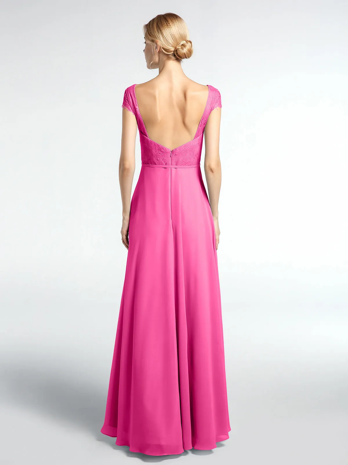 Lace Bodice Chiffon Skirt Dress with Cap Sleeves-Azalea