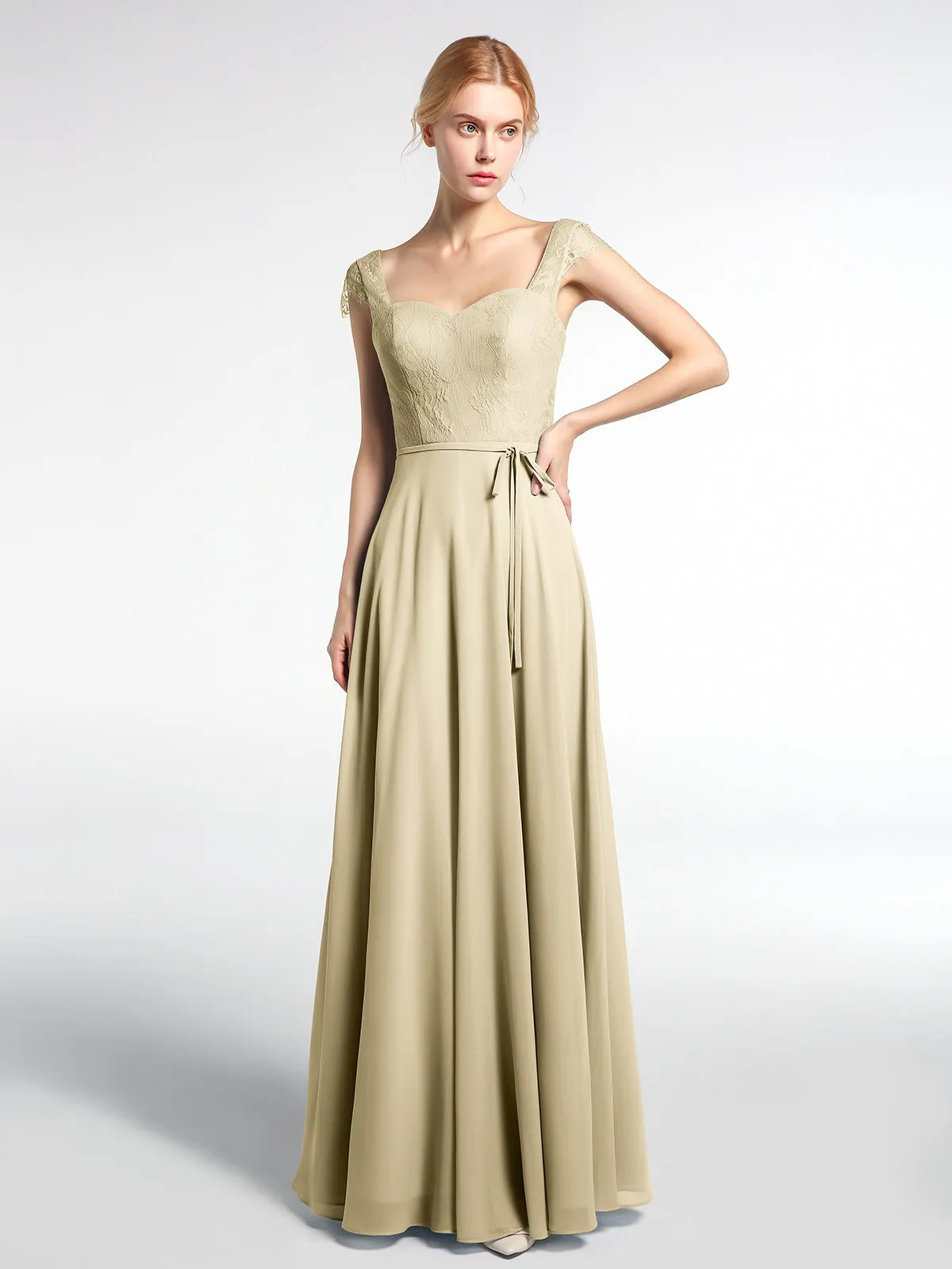 Lace Bodice Chiffon Skirt Dress with Cap Sleeves-Champagne Plus Size