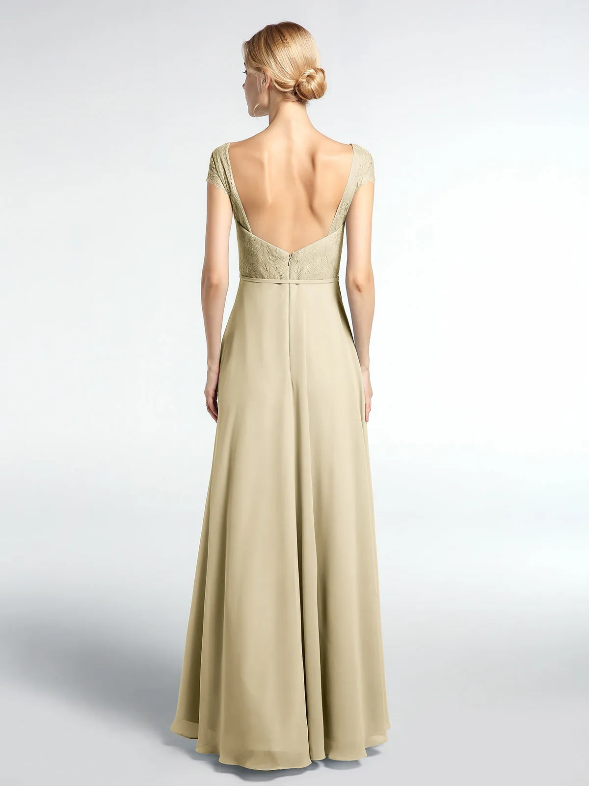 Lace Bodice Chiffon Skirt Dress with Cap Sleeves-Champagne Plus Size