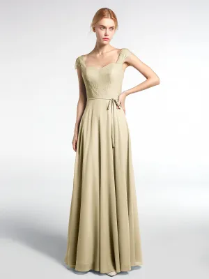 Lace Bodice Chiffon Skirt Dress with Cap Sleeves-Champagne Plus Size