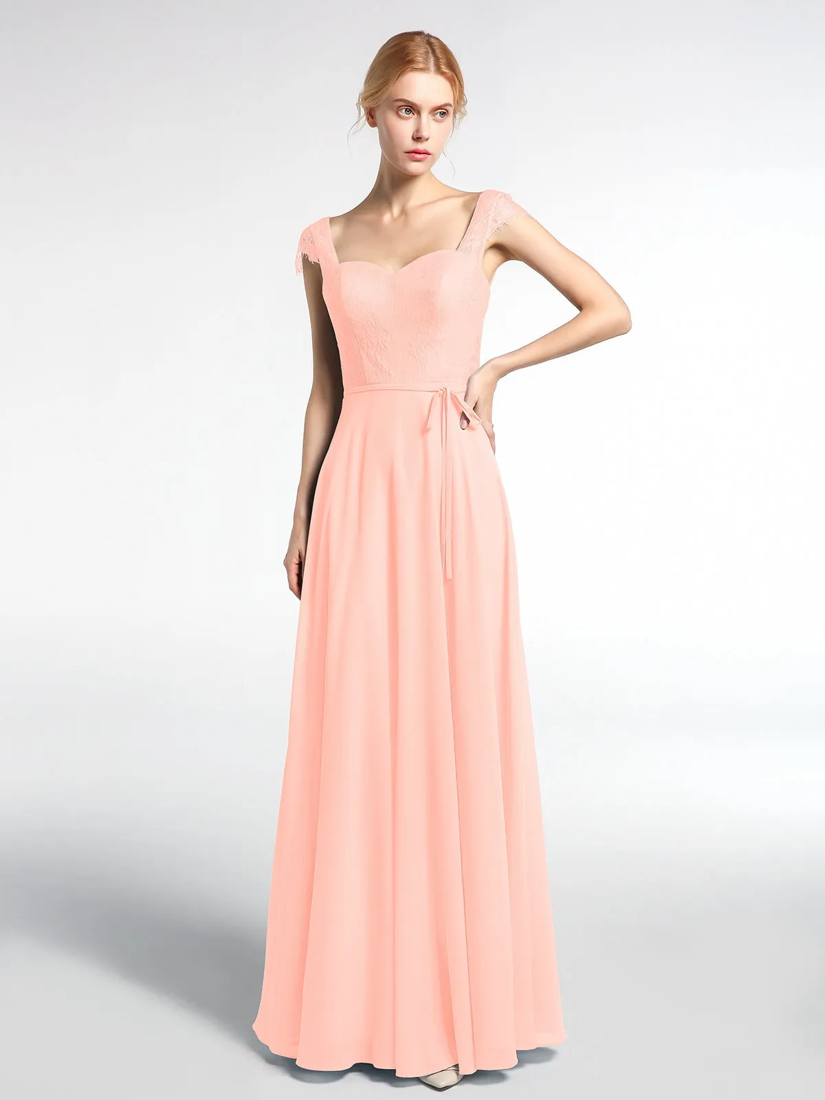 Lace Bodice Chiffon Skirt Dress with Cap Sleeves-Coral Plus Size