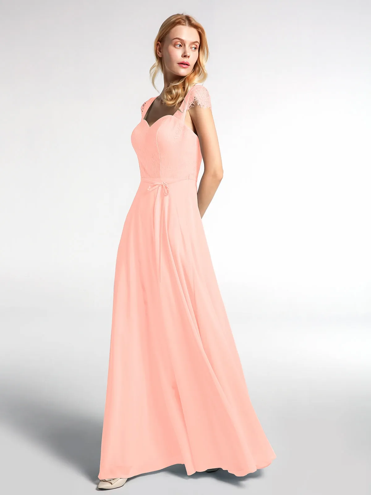 Lace Bodice Chiffon Skirt Dress with Cap Sleeves-Coral Plus Size