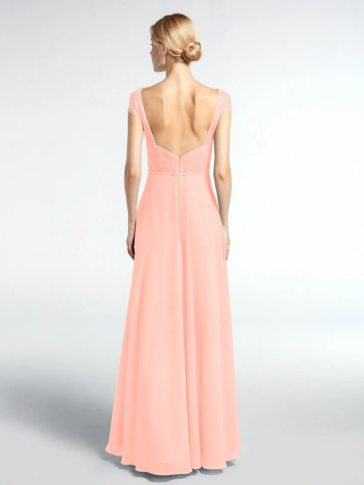 Lace Bodice Chiffon Skirt Dress with Cap Sleeves-Coral Plus Size