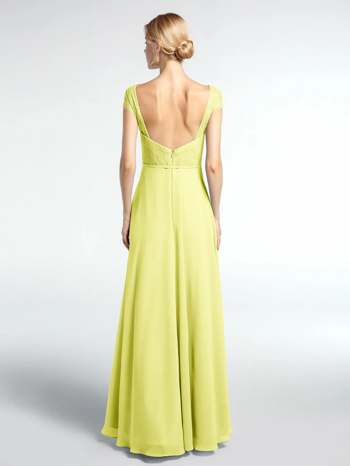 Lace Bodice Chiffon Skirt Dress with Cap Sleeves-Daffodil Plus Size
