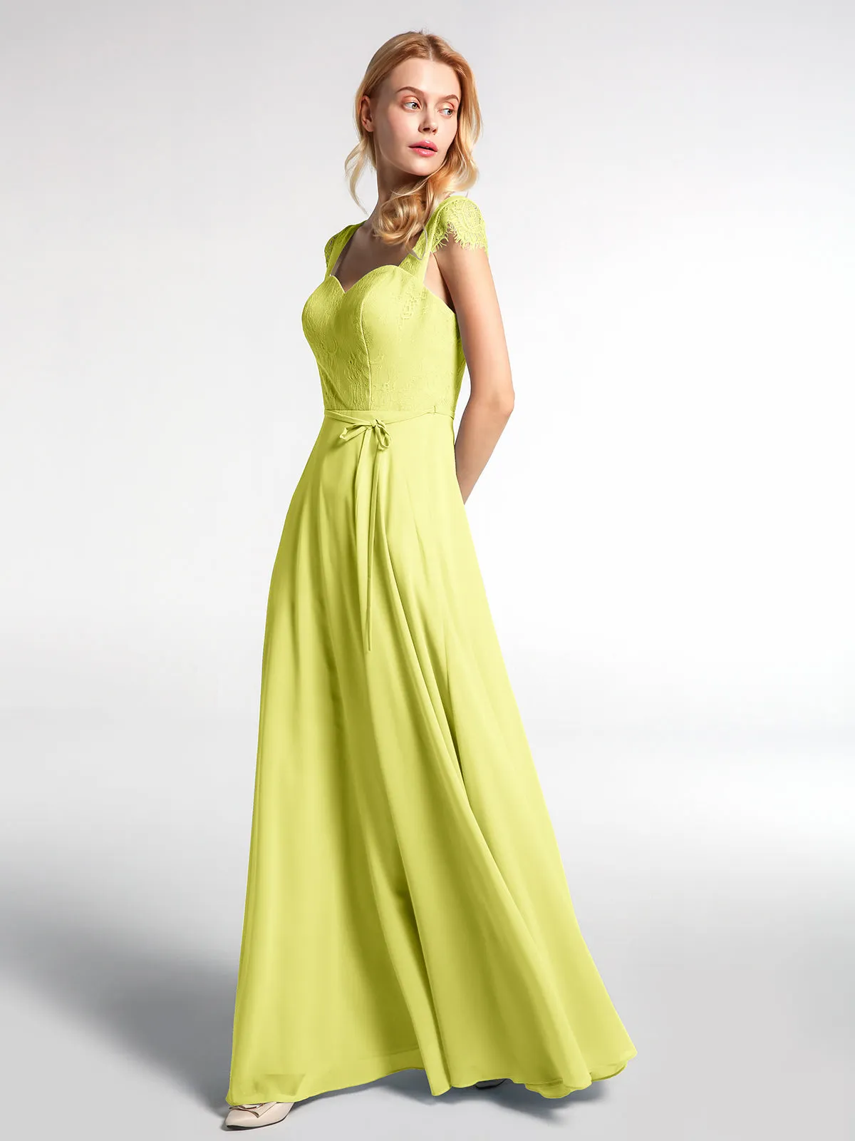 Lace Bodice Chiffon Skirt Dress with Cap Sleeves-Daffodil Plus Size