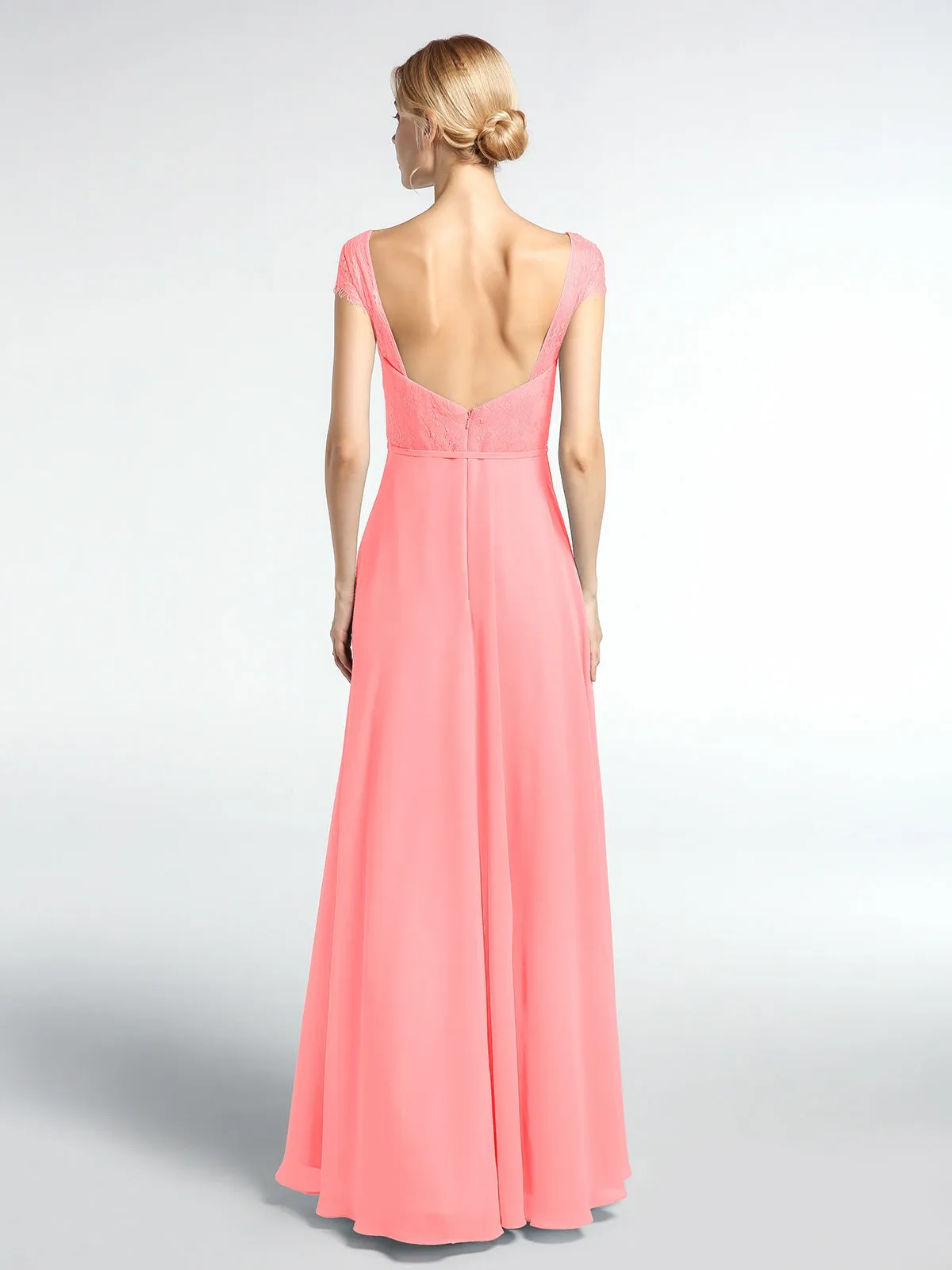Lace Bodice Chiffon Skirt Dress with Cap Sleeves-Flamingo