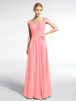 Lace Bodice Chiffon Skirt Dress with Cap Sleeves-Flamingo