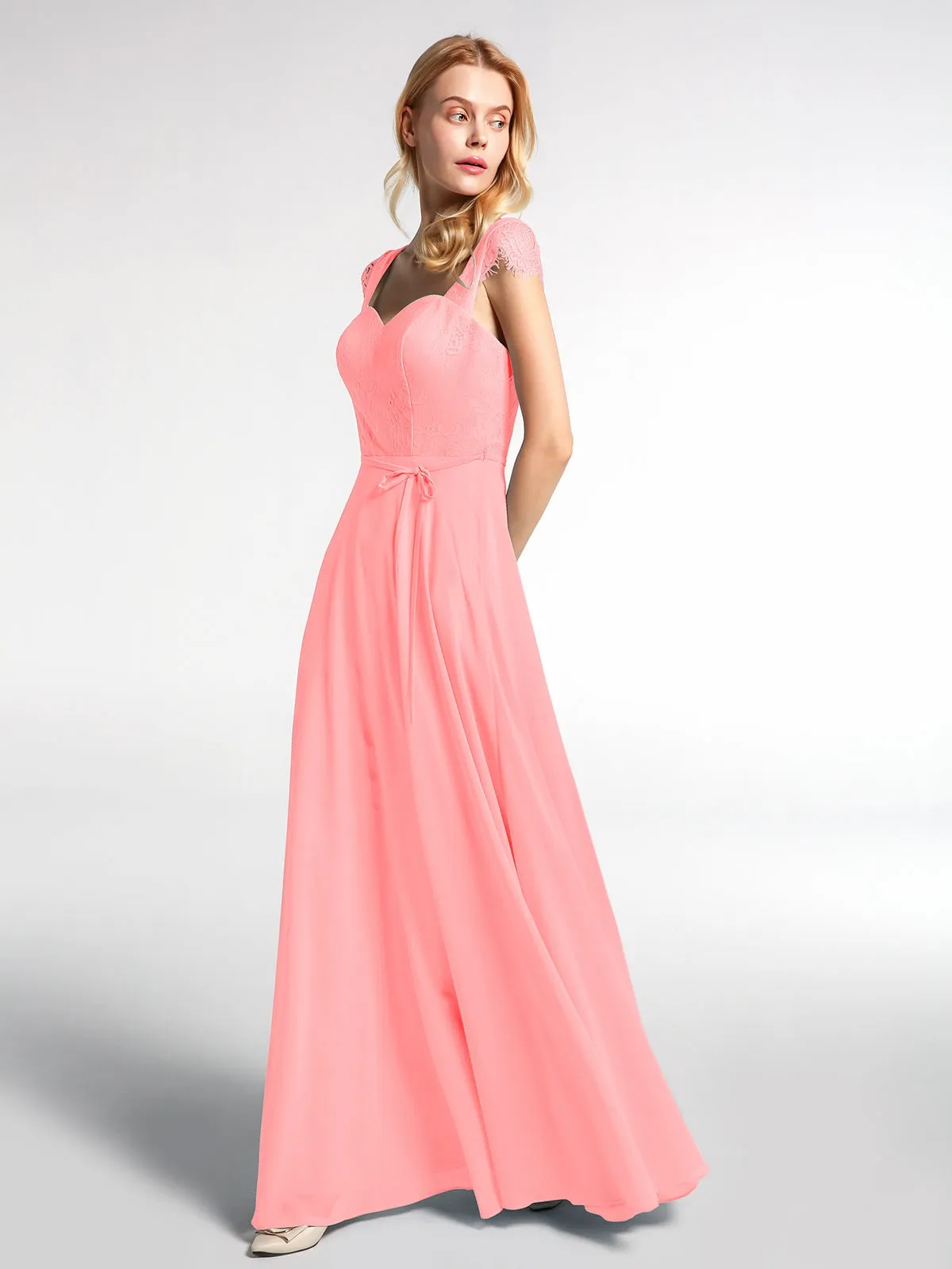 Lace Bodice Chiffon Skirt Dress with Cap Sleeves-Flamingo