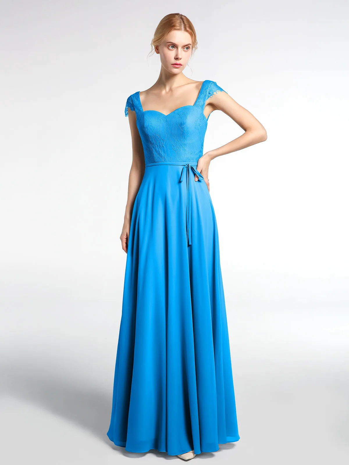 Lace Bodice Chiffon Skirt Dress with Cap Sleeves-Ocean Blue Plus Size