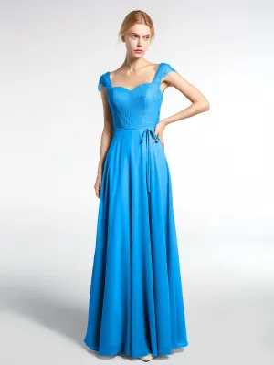 Lace Bodice Chiffon Skirt Dress with Cap Sleeves-Ocean Blue Plus Size