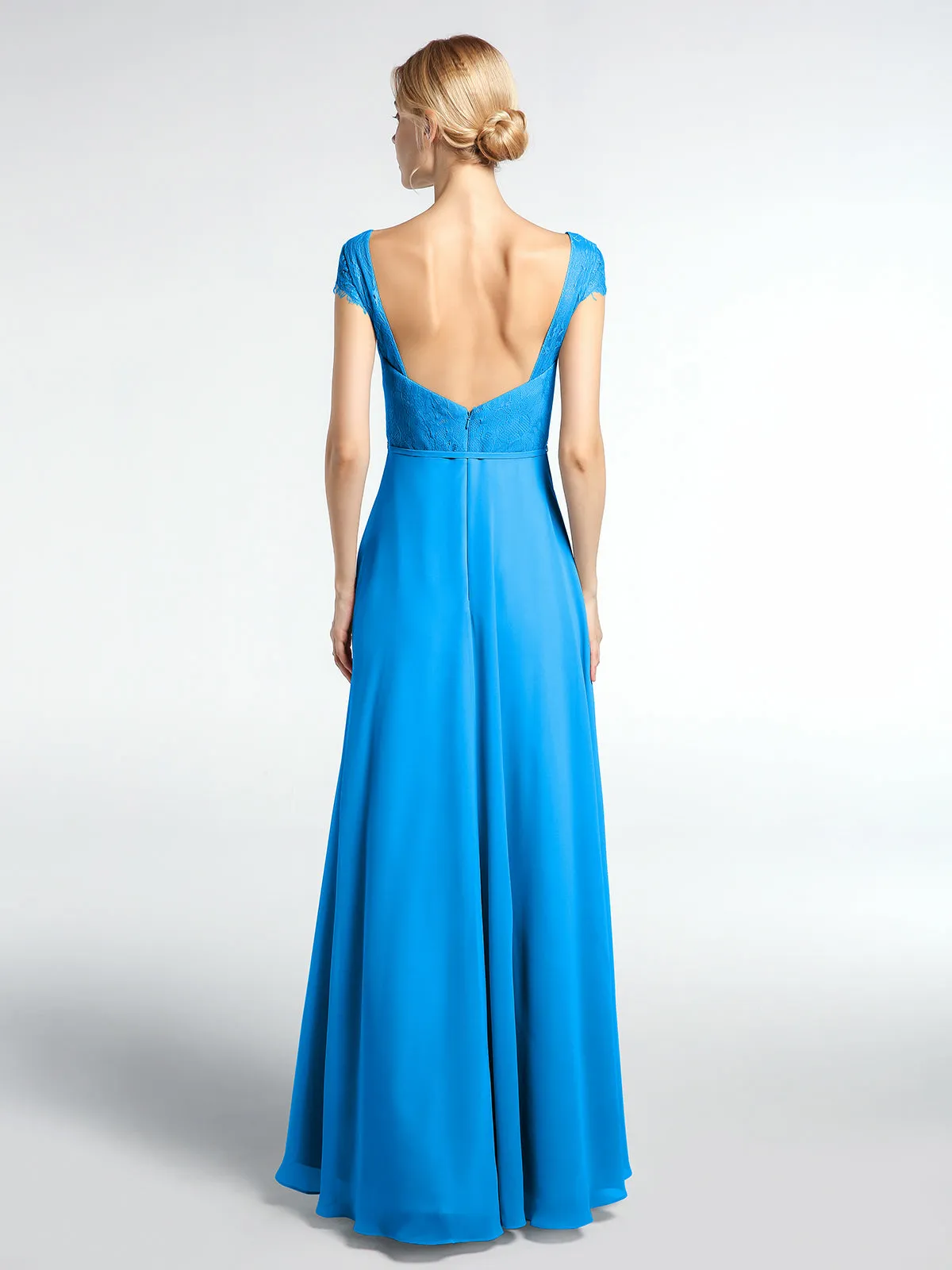 Lace Bodice Chiffon Skirt Dress with Cap Sleeves-Ocean Blue Plus Size