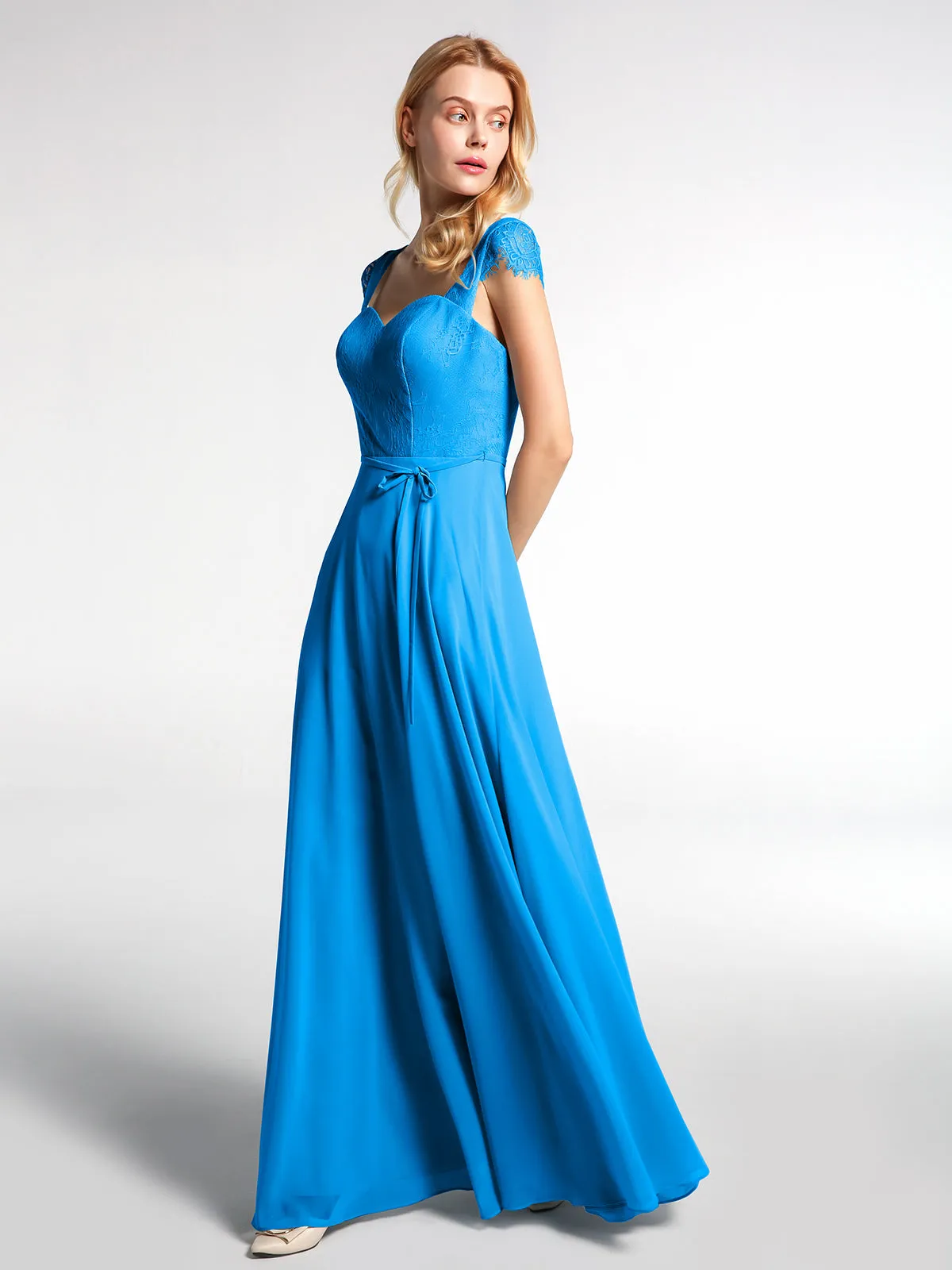 Lace Bodice Chiffon Skirt Dress with Cap Sleeves-Ocean Blue Plus Size