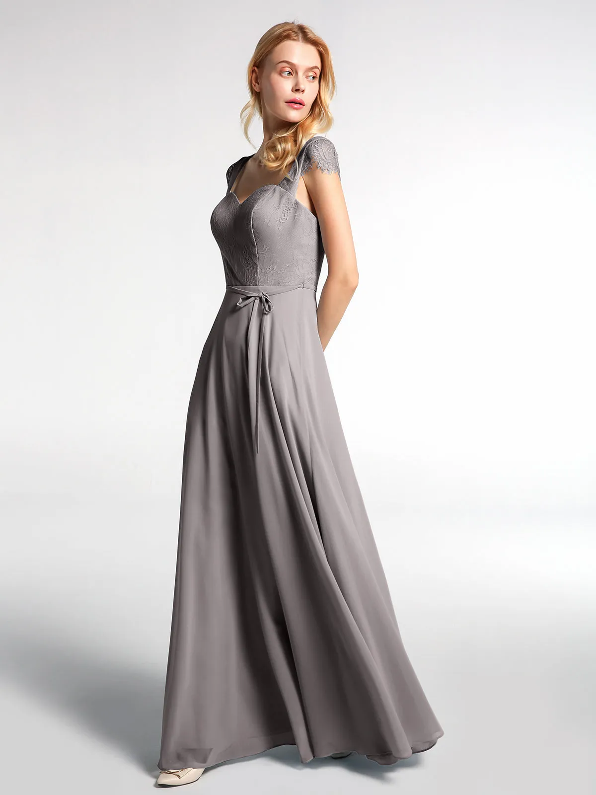 Lace Bodice Chiffon Skirt Dress with Cap Sleeves-Silver Plus Size