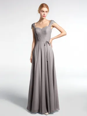 Lace Bodice Chiffon Skirt Dress with Cap Sleeves-Silver Plus Size