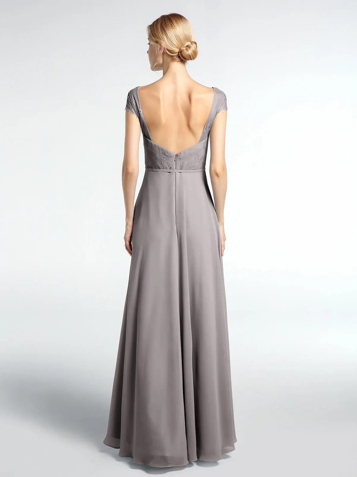 Lace Bodice Chiffon Skirt Dress with Cap Sleeves-Silver Plus Size