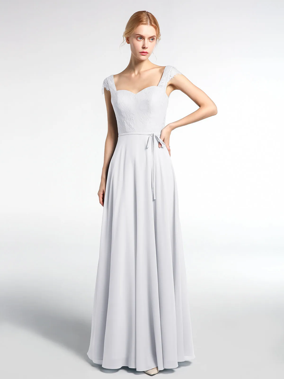 Lace Bodice Chiffon Skirt Dress with Cap Sleeves-White