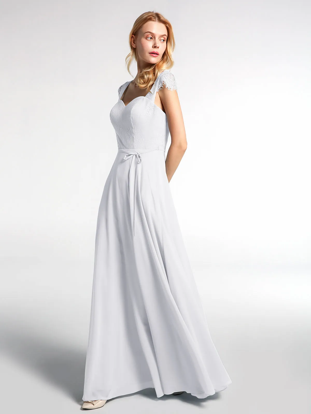 Lace Bodice Chiffon Skirt Dress with Cap Sleeves-White