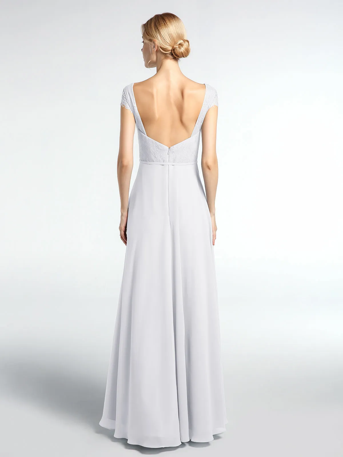 Lace Bodice Chiffon Skirt Dress with Cap Sleeves-White