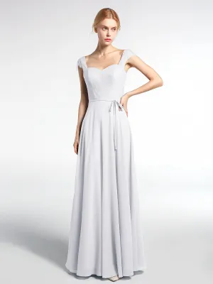 Lace Bodice Chiffon Skirt Dress with Cap Sleeves-White