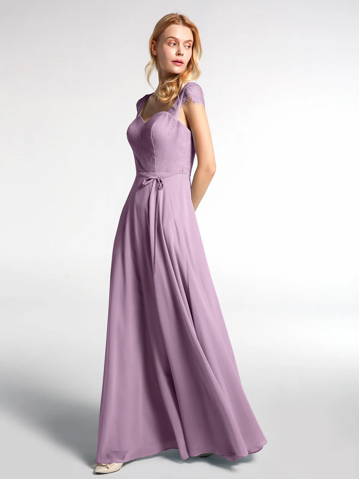 Lace Bodice Chiffon Skirt Dress with Cap Sleeves-Wisteria
