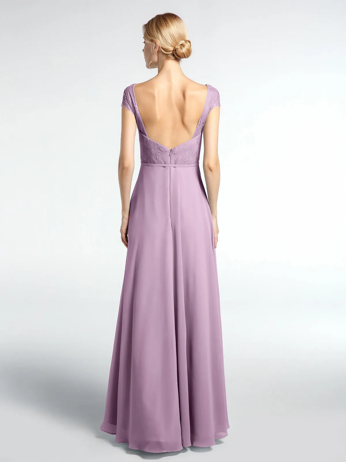 Lace Bodice Chiffon Skirt Dress with Cap Sleeves-Wisteria