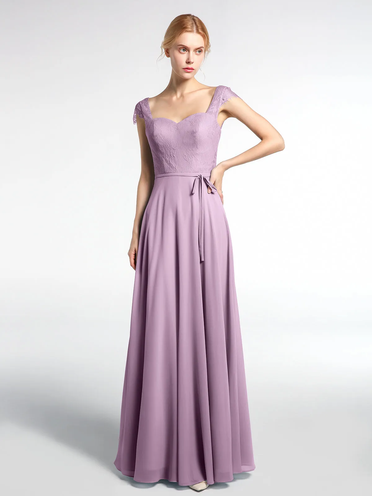 Lace Bodice Chiffon Skirt Dress with Cap Sleeves-Wisteria