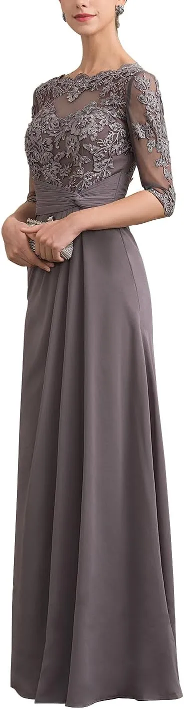 Lace Mother of The Bride Dresses for Wedding Long Formal Dress with Sleeves Ruffles Chiffon Evening Gowns