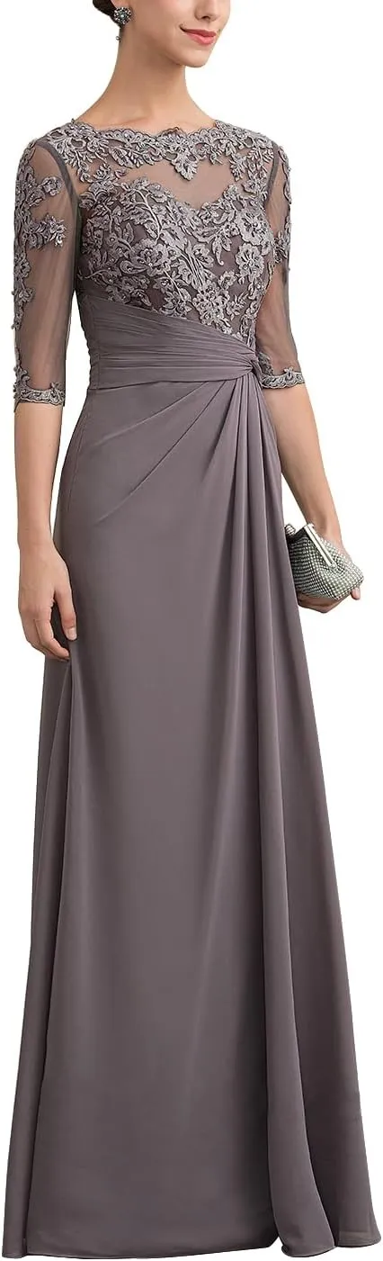 Lace Mother of The Bride Dresses for Wedding Long Formal Dress with Sleeves Ruffles Chiffon Evening Gowns