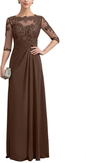 Lace Mother of The Bride Dresses for Wedding Long Formal Dress with Sleeves Ruffles Chiffon Evening Gowns