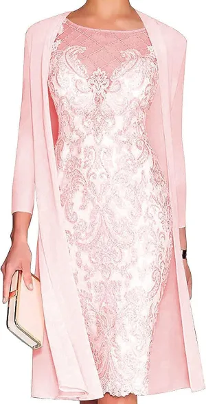 Lace Mother of The Bride Dresses Knee Length Wedding Guest Dress with Sleeves Crew Neck Bodycon Formal Evening Gown