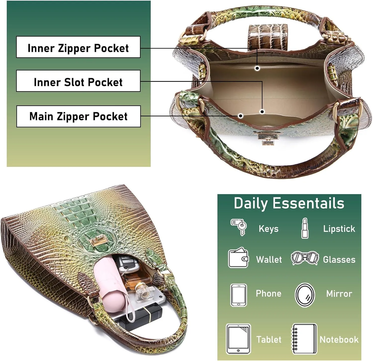 Ladies Tote Leather Bags for Women Crocodile Embossed Zipper Satchel Purse Classy Compartments Crossbody bag