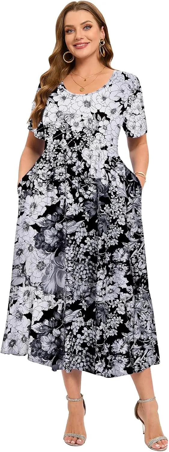 LARACE Plus Size Dresses for Women Summer Casual Short Sleeve Long Dress Flowy Maxi Beach Dresses with Pockets L-6XL