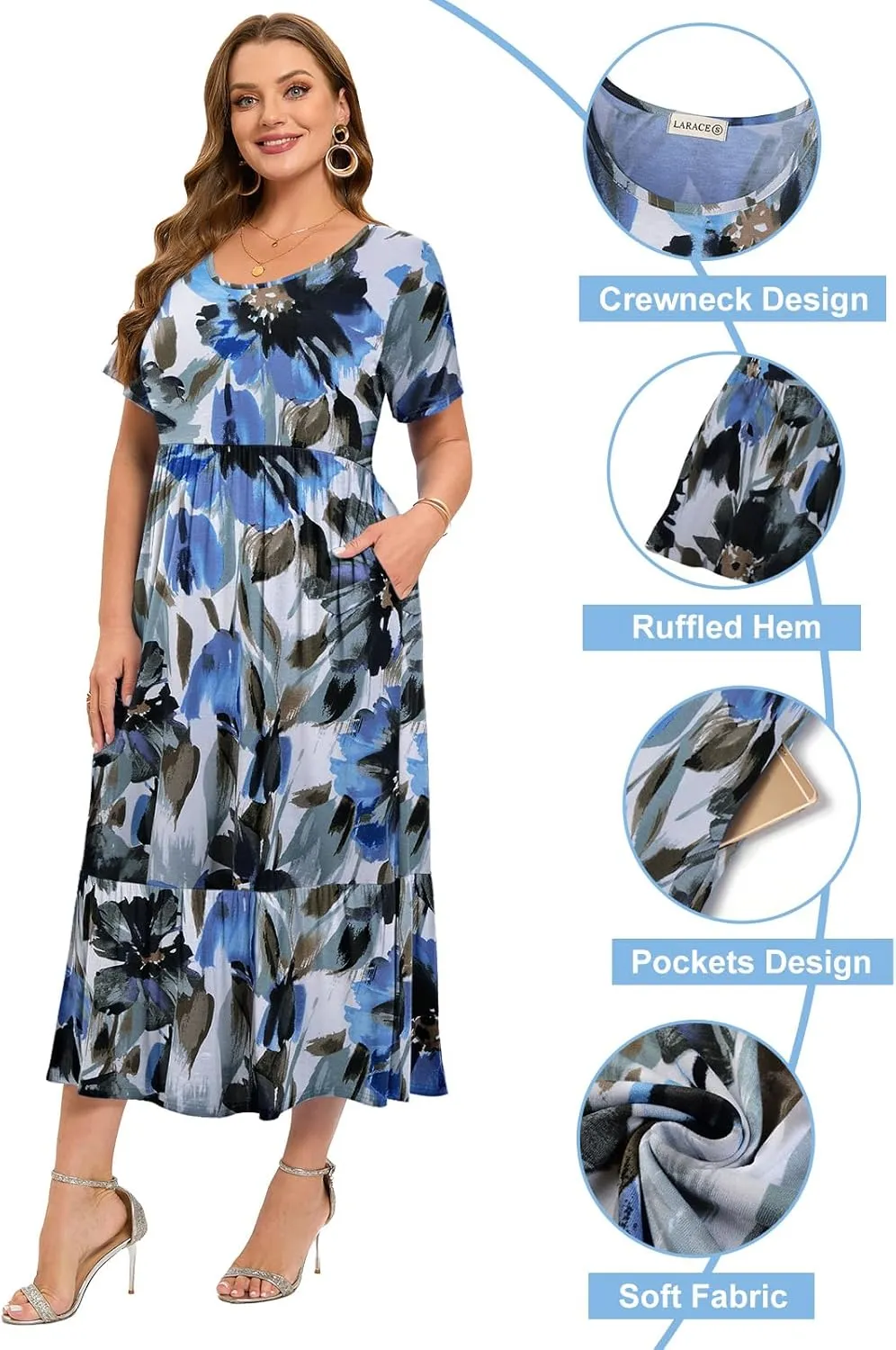 LARACE Plus Size Dresses for Women Summer Casual Short Sleeve Long Dress Flowy Maxi Beach Dresses with Pockets L-6XL