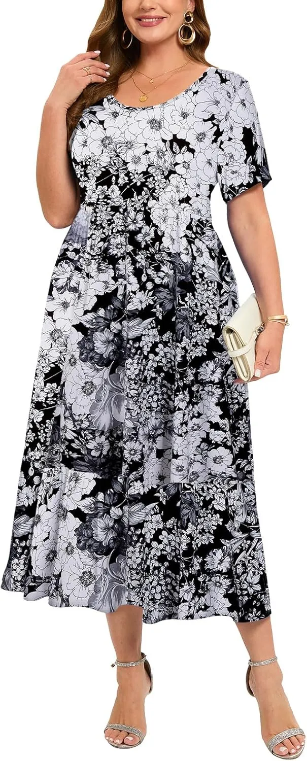 LARACE Plus Size Dresses for Women Summer Casual Short Sleeve Long Dress Flowy Maxi Beach Dresses with Pockets L-6XL
