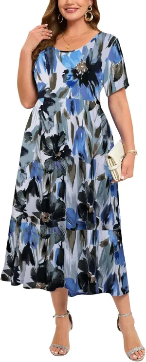 LARACE Plus Size Dresses for Women Summer Casual Short Sleeve Long Dress Flowy Maxi Beach Dresses with Pockets L-6XL