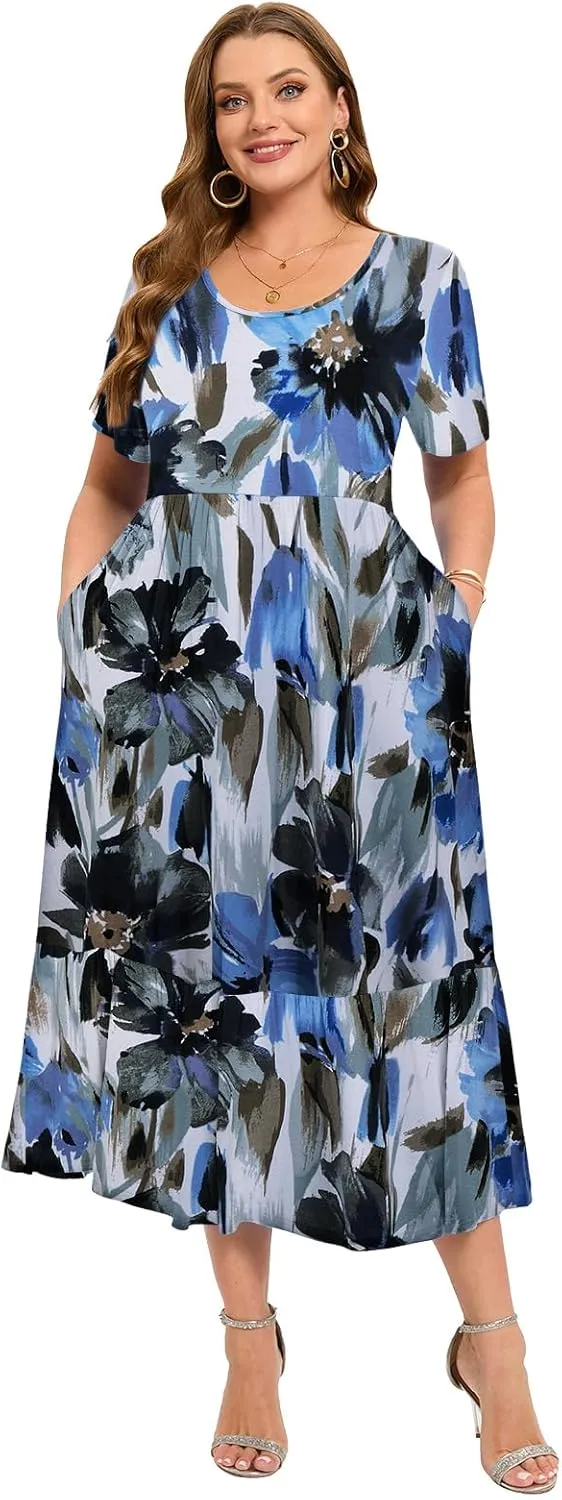 LARACE Plus Size Dresses for Women Summer Casual Short Sleeve Long Dress Flowy Maxi Beach Dresses with Pockets L-6XL