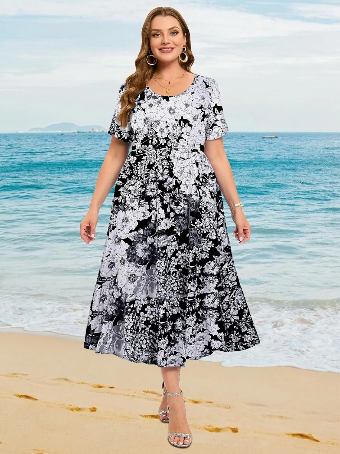 LARACE Plus Size Dresses for Women Summer Casual Short Sleeve Long Dress Flowy Maxi Beach Dresses with Pockets L-6XL