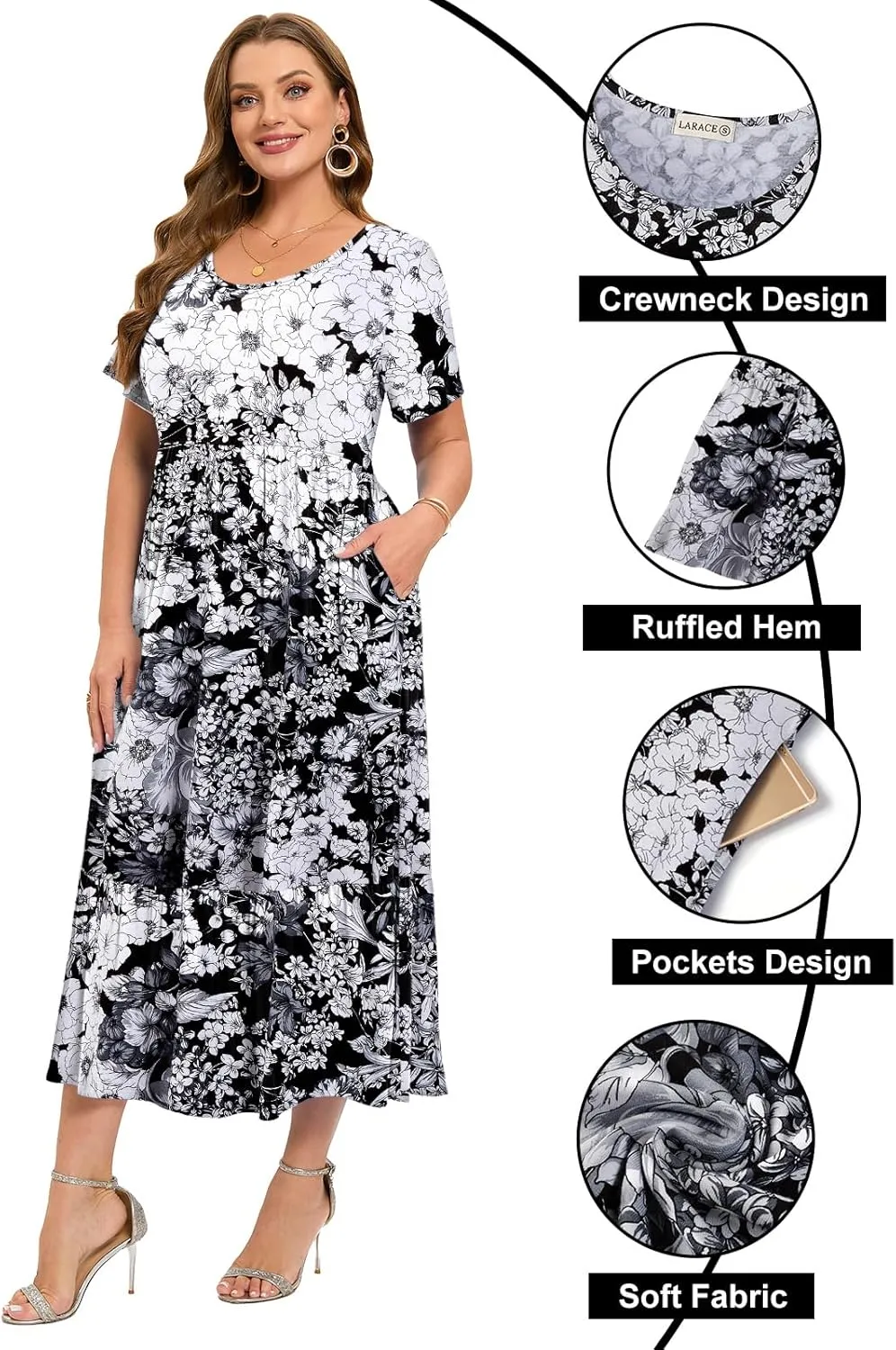 LARACE Plus Size Dresses for Women Summer Casual Short Sleeve Long Dress Flowy Maxi Beach Dresses with Pockets L-6XL