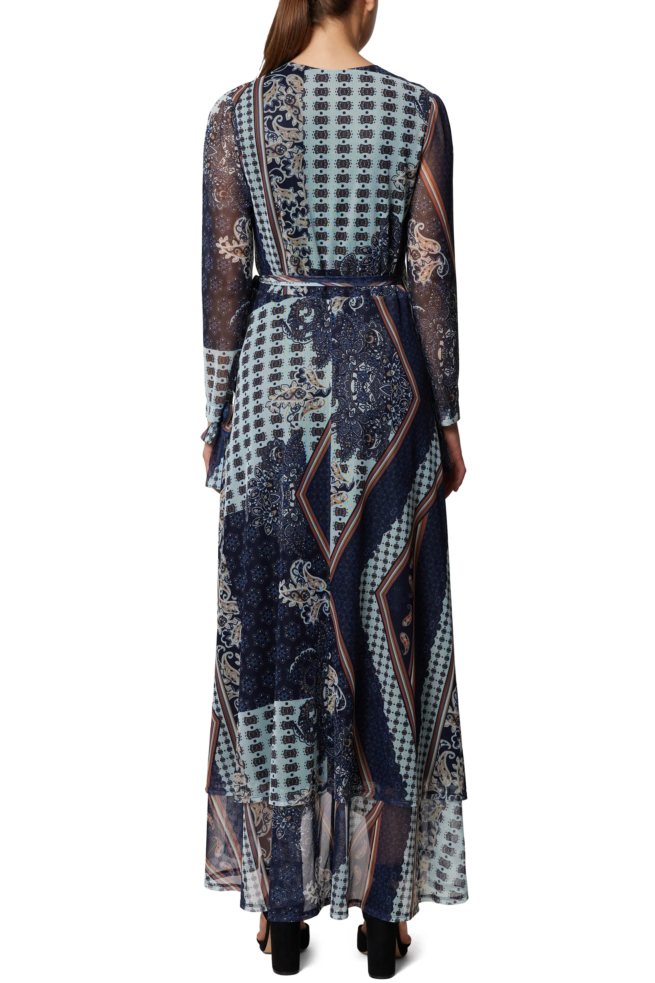Laundry V-Neck Long Sleeve Tie Waist Multi Print Tiered Mesh Dress