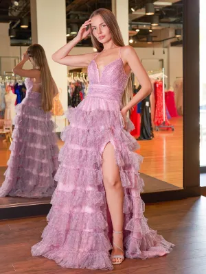Lena |A Line Spaghetti Straps Printed Tulle Prom Dress with Ruffles
