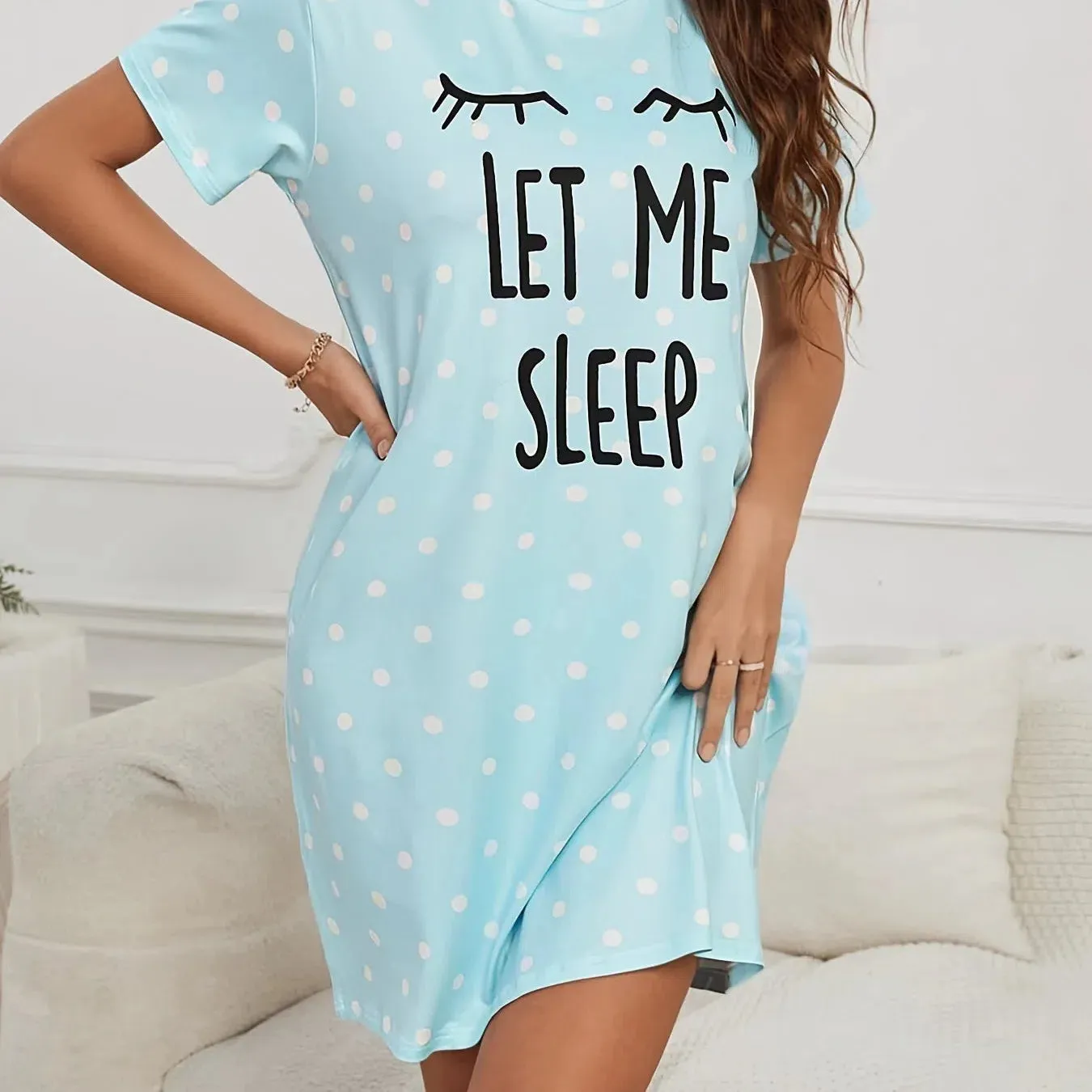 Let Me Sleep Printed Plus Size Women's Nightgowns Ice Silk Short Sleeve Dresses for Comfort and Style